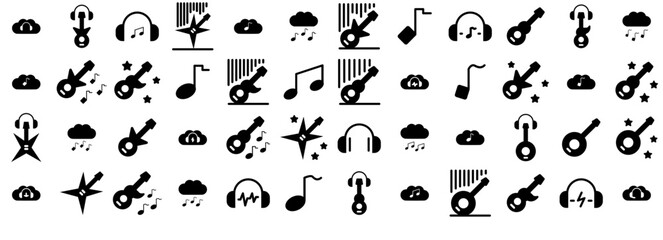 Set Of Music Glyph Vector Symbols Apps, Websites Ui Designs Suitable For Music,Cloud,Tone,Headset,Guitar Outline Icons Collection. Simple Vector Illustration