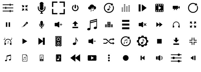 Set Of Music Sound And Multimedia Collection Isolated Silhouette Solid Icons With Arrow,Sound,Play,Music,Audio Vector Icons Illustration Collection