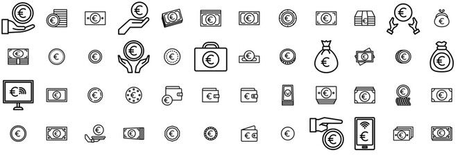 A Collection Of Money Euro Isolated Silhouette Solid Icons With Cash,Euro,Eur,Money,Currency Vector Icon Set Linear Pictogram Pack
