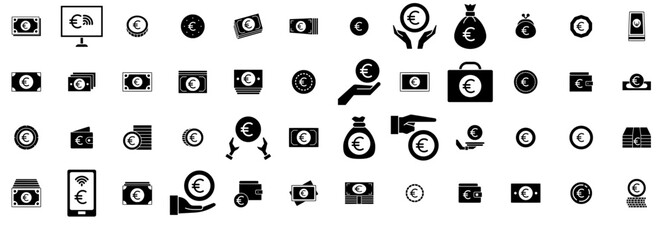 Mega Set Of Vector Money Euro Glyph Icons Silhouette Vector Logo Design Containing Euro,Cash,Eur,Money,Currency Set Vector Flat Line Icons