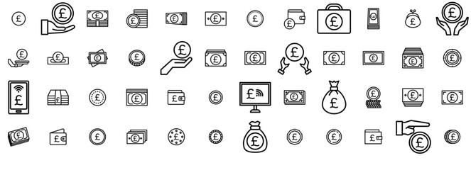 A Collection Of Money British Pound Isolated Silhouette Solid Icons With Money,Currency,Gbp,Cash,Pound-Sterling Vector Illustration Linear Pictogram Pack