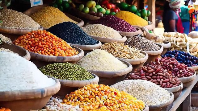 Colorful assortment of grains and seeds in baskets at a market stall.