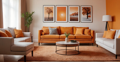 A stylish and inviting living room with a modern orange sofa and matching decor. A series of autumn-themed pictures add a touch of warmth to the space. Ideal for interior design websites, home decor b