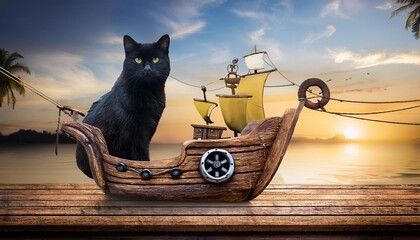 Naklejka premium A black cat and a model of a pirate ship, AI generative