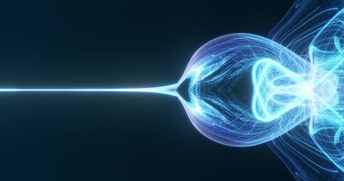 A single glowing line diverges into an intricate network of light, creating a futuristic visualization of data transfer and connectivity. 3D render
