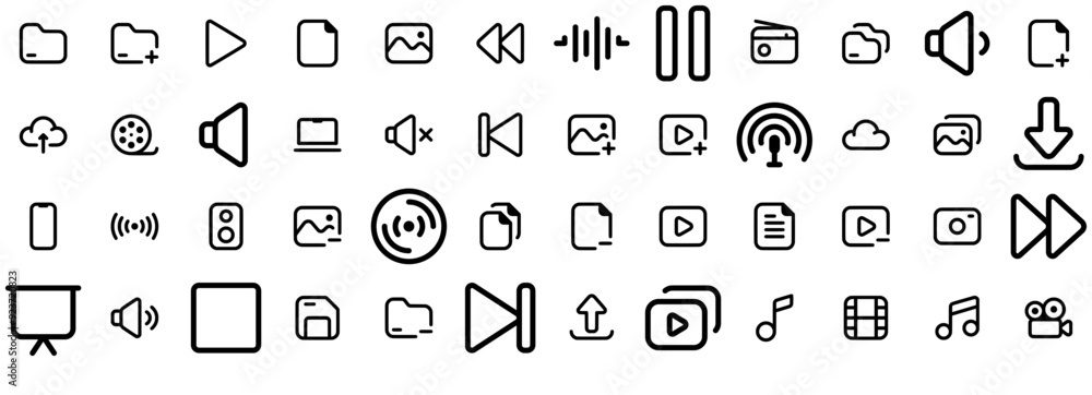 Poster set of linear minima media files line icons web header banner design containing audio,file,media-pla