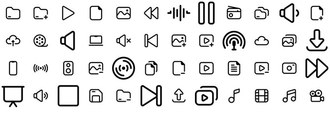 Set Of Linear Minima Media Files Line Icons Web Header Banner Design Containing Audio,File,Media-Player,Media,Document Solid Icon Collection. Vector Illustration