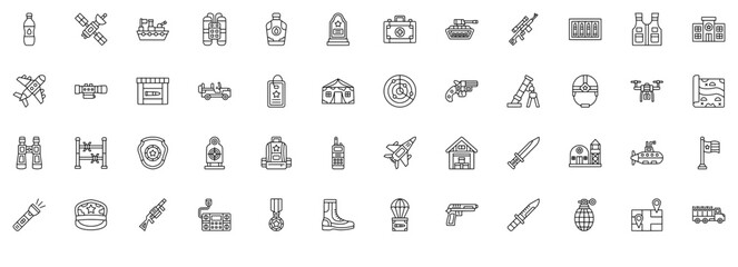 Set Of Linear Military Icons Web Header Banner Design Containing Army,Gun,War,Military,Weapon Simple Black Style Symbol Sign For Apps And Website, Vector Illustration