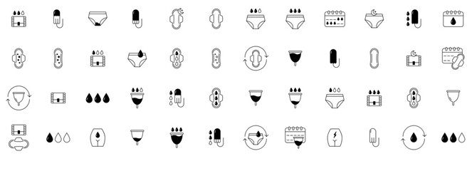 A Collection Of Menstruation Icons Web Header Banner Design Containing Period,Menstrual-Pad,Menstrual-Cup,Menstruation,Sanitary-Napkin Pictograms And Infographics Design Elements Vector Illustration