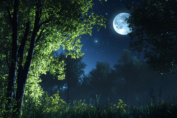 A tranquil green forest under a clear night sky, the moonlight illuminating the leaves and creating a peaceful, ethereal atmosphere among the trees, 3d rendering, generative ai - Powered by Adobe