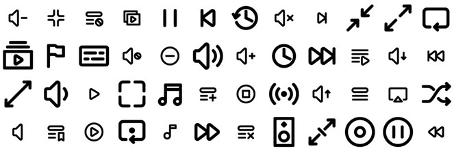 Set Of Linear Media Player Isolated Silhouette Solid Icons With Volume,Music,Speaker,Playlist,Music-Player Infographic Simple Vector Illustration Logo