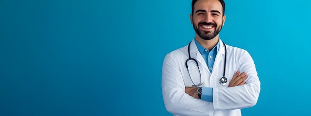 Naklejka premium Handsome, smiling doctor with arms crossed against a blue background