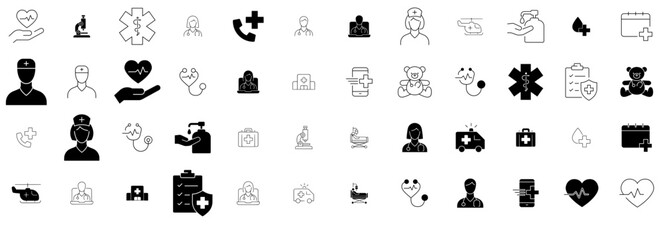 A Collection Of Medical Care Isolated Silhouette Solid Icons With Stethoscope,Heart,Doctor,Woman,Medical Pictograms And Infographics Design Elements Vector Illustration
