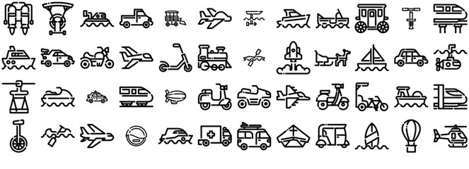 Set Of Linear Means Of Transportation Isolated Silhouette Solid Icons With Bike,Boat,Water,Car,Transportation Pictograms And Infographics Design Elements Vector Illustration