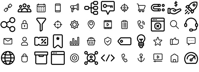 A Collection Of Marketing And Seo Outline Icons Web Header Banner Design Containing Marketing,Support,Connection,Web,Seo Outline Icons Collection. Simple Vector Illustration