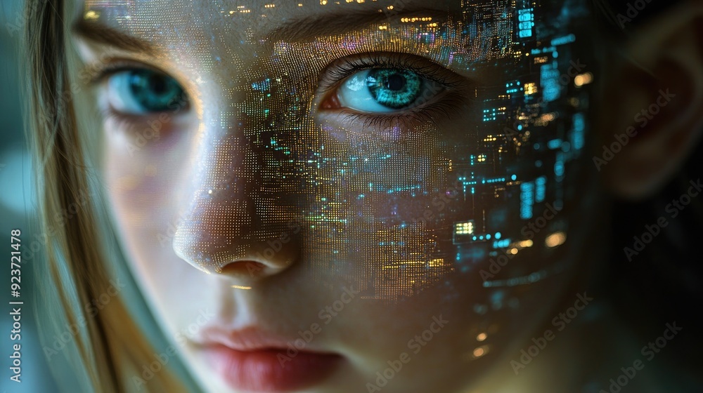 Poster close-up of a female android with digital data and circuit patterns overlaid on her face, symbolizin