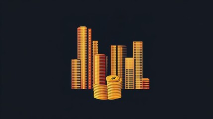 Fototapeta premium Golden skyline with coins representing urban wealth during nighttime