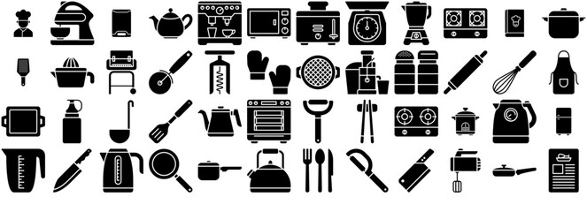Set Of Linear Kitchen Glyph Vector Symbols Apps, Websites Ui Designs Suitable For Kitchen,Cooking,Kitchenware,Cook,Electronic Stroke Icon Collection. Vector Illustration