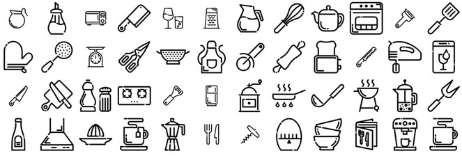 Set Of Kitchen And Cooking Vector Symbols Apps, Websites Ui Designs Suitable For Utensil,Cooking,Kitchen,Knife,Coffee Stroke Icon Collection. Vector Illustration