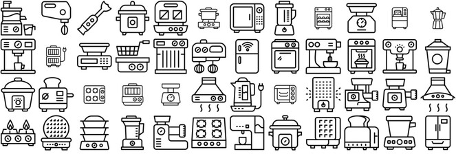 A Collection Of Kitchen Appliances And Households Isolated Silhouette Solid Icons With Breakfast,Food,Electric,Cooking,Machine Outline Icons Collection. Simple Vector Illustration