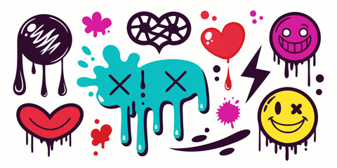 Spray graffiti element vector set, can brush drip splatter smiling kit, urban street black grunge. Hand writing stain splash, heart silhouette airy ink stroke and circles. Spray graffiti dark clipart
