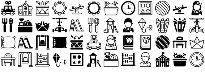 A Collection Of Kindergarten Icons Silhouette Vector Logo Design Containing Kid,Activity,Playground,Kindergarten,Toy Stroke Icon Collection. Vector Illustration