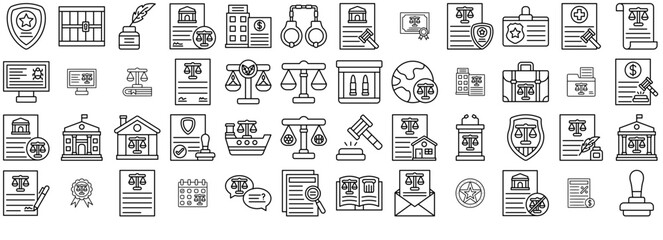 Set Of Justice And Law Icons Web Header Banner Design Containing Justice,Court,Document,Law,Legal Business Infographic Elements Logo Vector Illustration