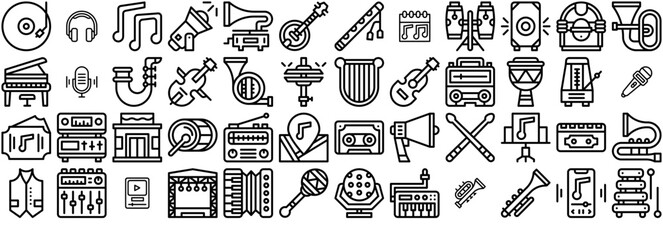 Mega Set Of Vector Jazz Music Isolated Silhouette Solid Icons With Music-And-Multimedia,Orchestra,Music,Musical-Instrument,Wind-Instrument Vector Illustration Linear Pictogram Pack