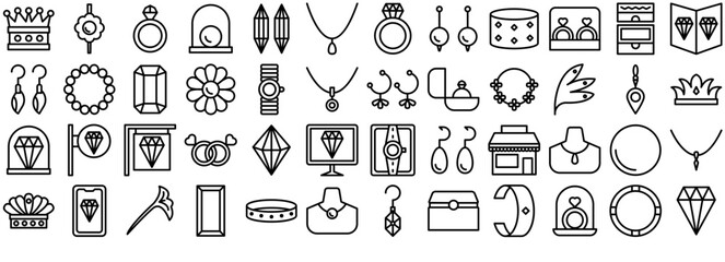 A Collection Of Jewelry Vector Symbols Apps, Websites Ui Designs Suitable For Treasure,Diamond,Accessory,Ornament,Jewelry Outline Icons Collection. Simple Vector Illustration