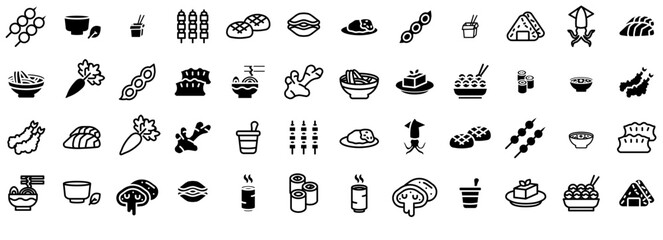 Set Of Japanese Food And Bevarage Icons Silhouette Vector Logo Design Containing Appetizer,Japanese,Snack,Ingredient,Cuisine Business Infographic Elements Logo Vector Illustration