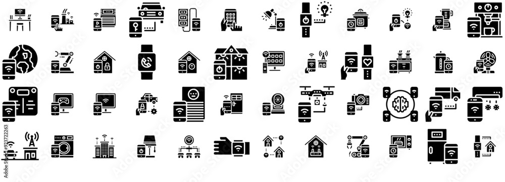 Poster mega set of vector internet of things 2 solid isolated silhouette solid icons with smartphone,intern