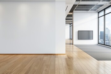 Fototapeta premium photo of a large white wall with an empty space for a mockup. On the right side is a modern office interior