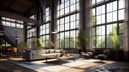 Spacious Loft Living Room with Large Windows