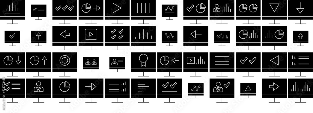 Poster set of linear info graphics 9 glyph icons collection isolated silhouette solid icons including data,