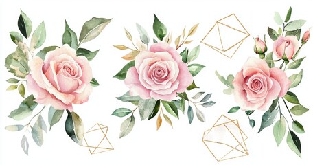 A set of watercolor elements depicting pink roses, leaves, and branches in a garden. This is an isolated Botanic illustration.