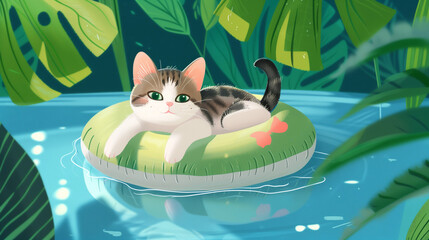 Cat in a Tropical Paradise: A charming tabby cat floats serenely in a vibrant pool, surrounded by lush tropical foliage. 