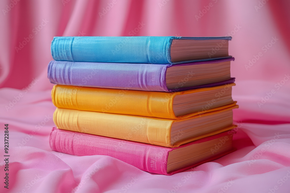 Poster A stack of colorful textbooks neatly arranged on a pastel pink background, representing knowledge and learning,