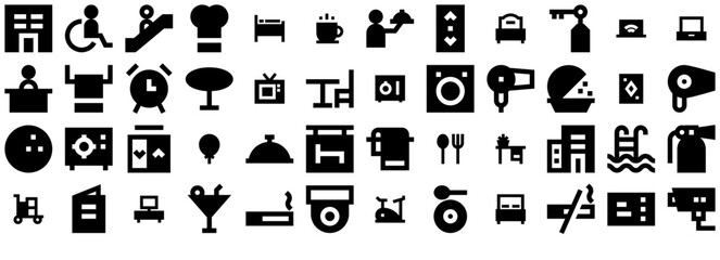 Set Of Hotel Services Glyph 24 Px Icons Collection Isolated Silhouette Solid Icons Including Bed,Furniture,Hotel-Services,Electronics,Building Infographic Simple Vector Illustration Logo