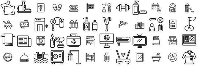 Set Of Hotel Service Icons Collection Isolated Silhouette Solid Icons Including Service,Hotel,Room,Travel,Room-Service Outline Icons Collection. Simple Vector Illustration