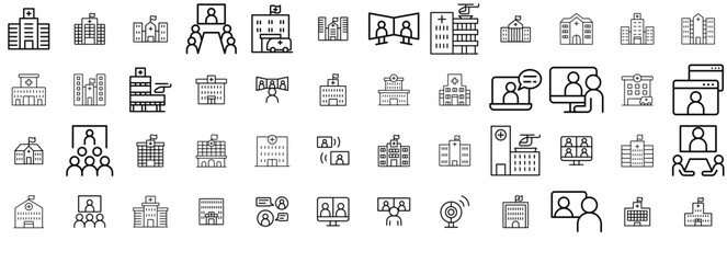 Set Of Hospital Isolated Silhouette Solid Icons With Building,Hospital,Medical,Video-Conference,Meeting Vector Icons Illustration Collection