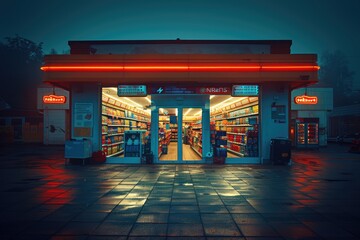 Illuminated Convenience Store with Neon Lights at Night