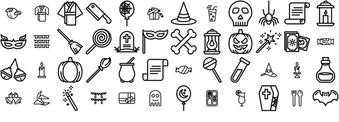 A Collection Of Halloween Isolated Silhouette Solid Icons With Decoration,Party,Witch,Magic,Halloween Solid Icon Collection. Vector Illustration