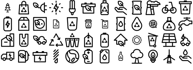 Set Of Linear Green Energy Bold Icons Silhouette Vector Logo Design Containing Recycle,Electricity,Energy,Green,Sign Solid Icon Collection. Vector Illustration