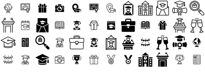 Mega Set Of Vector Graduation Icons Silhouette Vector Logo Design Containing Graduation,Speech,University,Education,Job Stroke Icon Collection. Vector Illustration