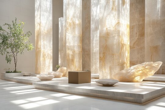 Modern Interior Design with Stone Pillars and a Tree - Powered by Adobe