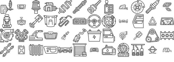 A Collection Of Goofy Car Auto Parts Line Vector Symbols Apps, Websites Ui Designs Suitable For Motor,Engine,Car-Parts,Fuel,Car-Repair Stroke Icon Collection. Vector Illustration