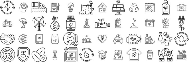 Set Of Linear Goofy Ecology Line Icons Web Header Banner Design Containing Ecology,Earth-Day,Growth,Electricity,Eco Stroke Icon Collection. Vector Illustration