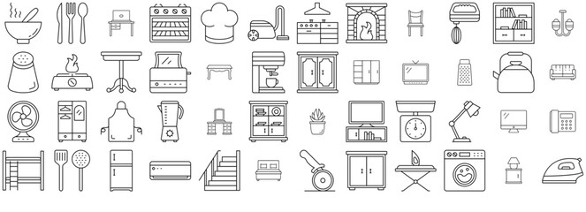Set Of Furniture Line Icons Silhouette Vector Logo Design Containing Table,Interior,Kitchen,Furniture,Home Outline Icons Collection. Simple Vector Illustration