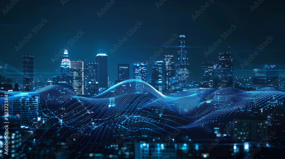 Poster twinkling city lights blend with digital waves, presenting a futuristic view of connectivity and inn