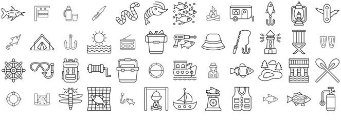 A Collection Of Fishing Isolated Silhouette Solid Icons With Fisher,Sea,Fish,Camping,Fishing Simple Black Style Symbol Sign For Apps And Website, Vector Illustration